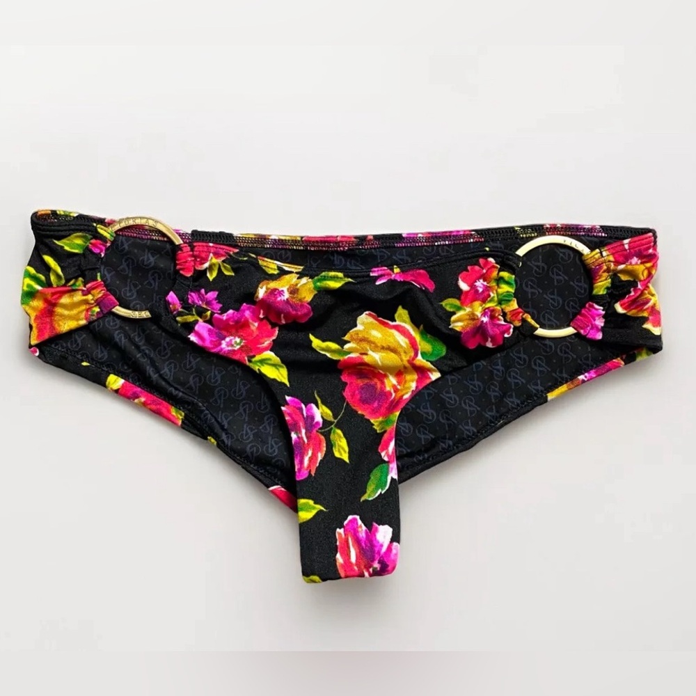Victoria's Secret Black Floral Bikini Bottoms with Pink & Yellow Roses